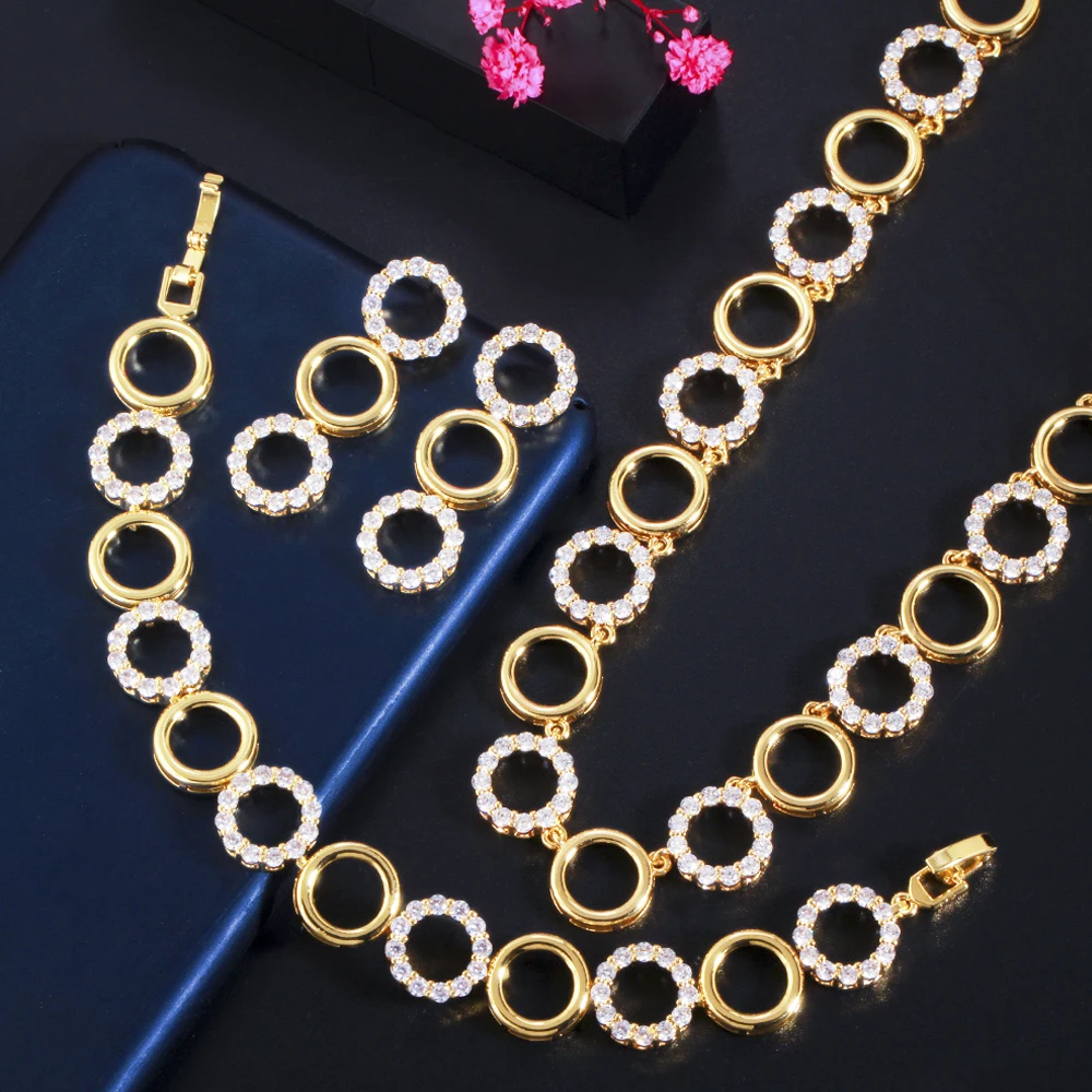 ThreeGraces 3Pcs Gorgeous CZ Gold Color Circle Link Chain Bracelet Necklace Earrings Jewelry Set Women Party Accessories TZ596