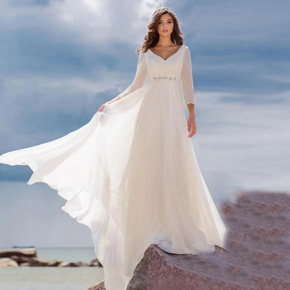 Nuovi abiti da sposa in Chiffon 2024 abito da sposa estivo da spiaggia a maniche lunghe con scollo a v semplice con perline Robe De Mariee