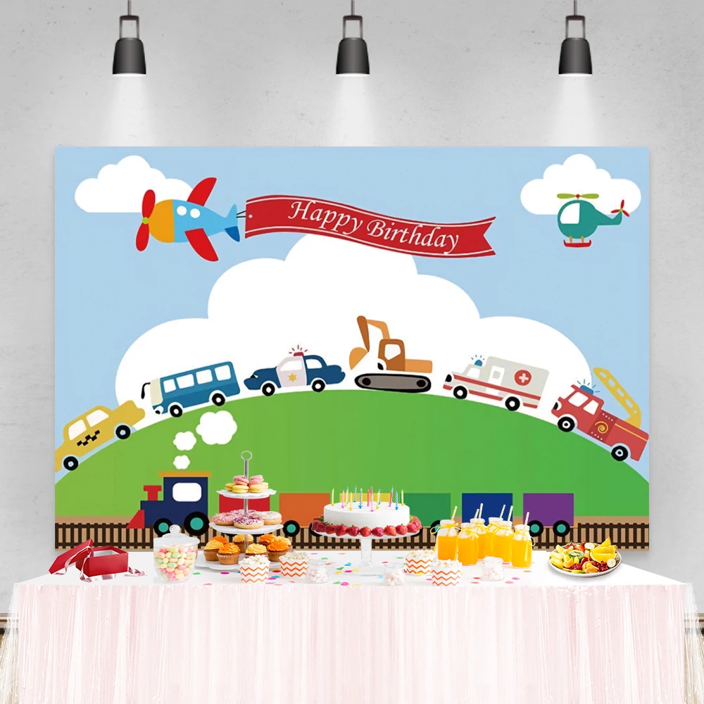Laeacco Birthday Backdrops Clouds Balloons Airplane Car Trees Baby Shower Newborn Photography Backgrounds For Photo Studio Props