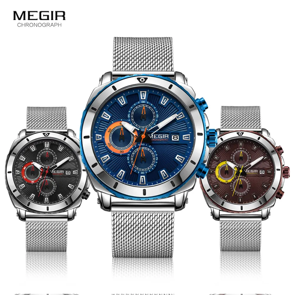 Megir-reloj analógico con correa de malla para hombre, accesorio de pulsera de cuarzo resistente al agua con calendario, marca de lujo deportivo de