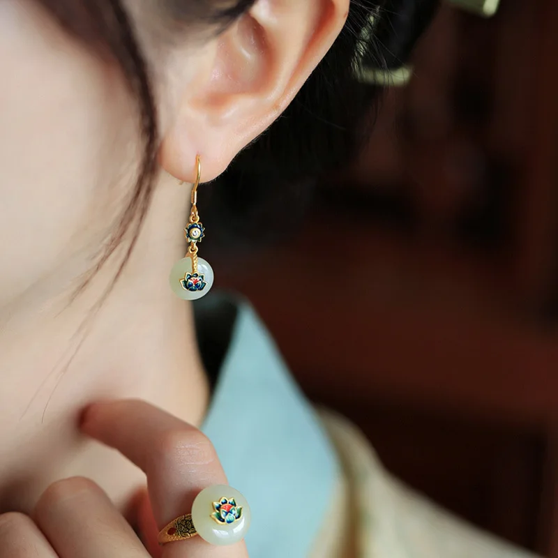 LIVVY Gold Color  Retro Crystal Stone Lotus Pendant Earrings For Women Chinese Style Unique Fashion Luxury Charm Jewelry image 2