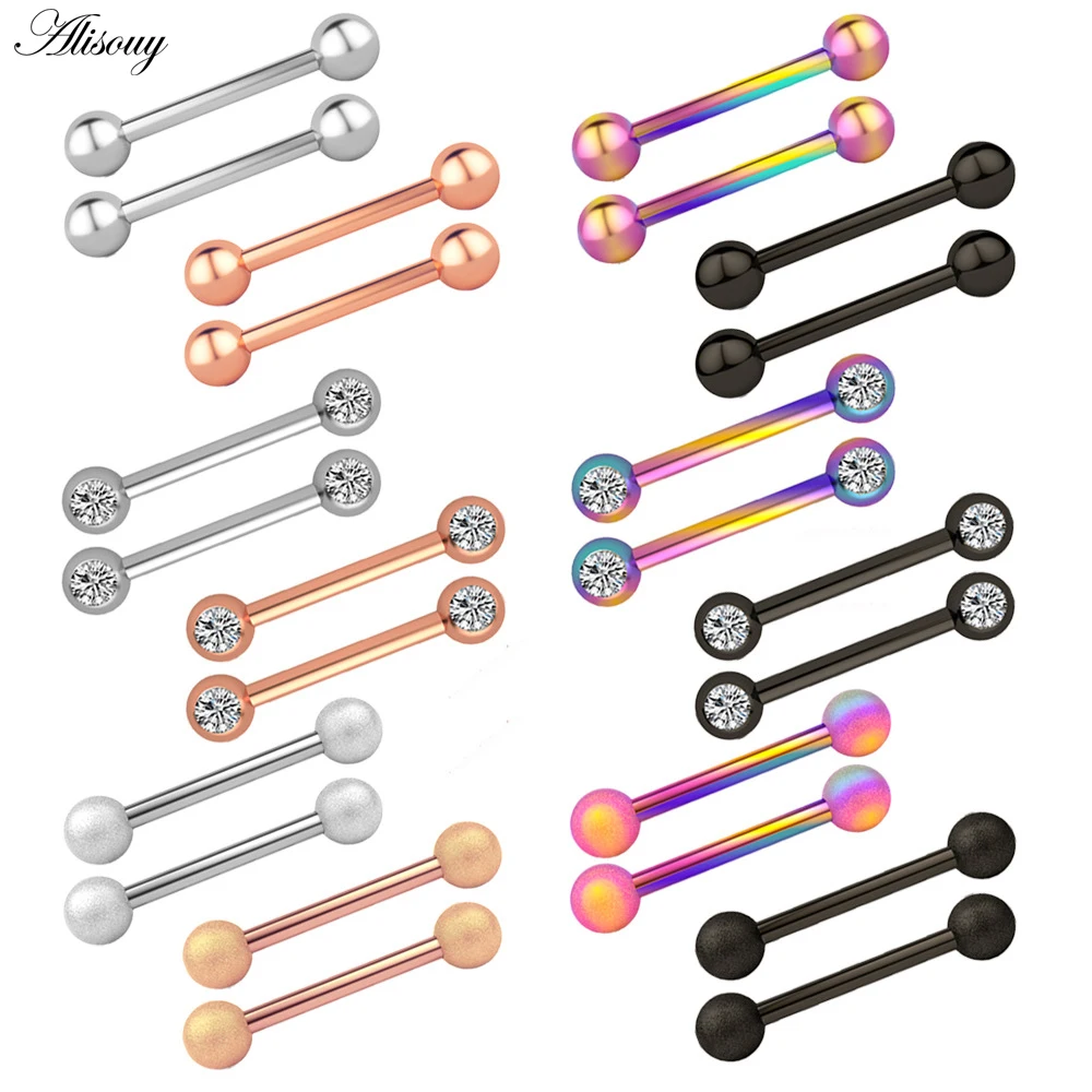 Alisouy 2pcs 14G Stainless Steel Women Long Industrial Barbell Tongue Nipple Ring Bar Tragus Helix Ear Piercing Body Jewelry