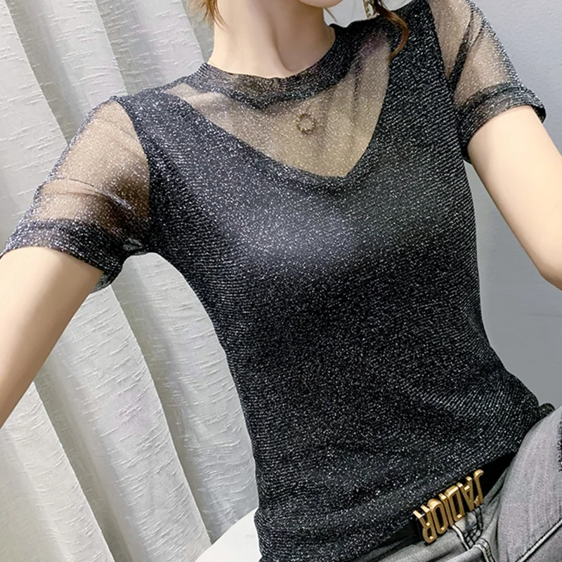 Lucyever Sexy See Through Mesh Women's T-shirts Korean Chic Slim Fit Short Sleeve T Shirt Top Female Large Size 3XL Woman Tshirt