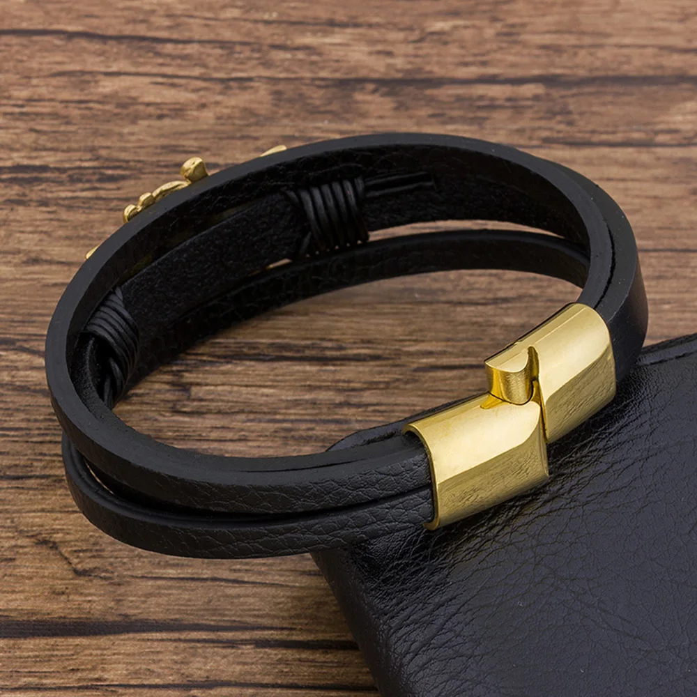 TYO Fashion Luxury Genuine Leather Pirate Bracelet Men Black Magnet Stainless Steel Rope Braided Bangle Jewelry Birthday