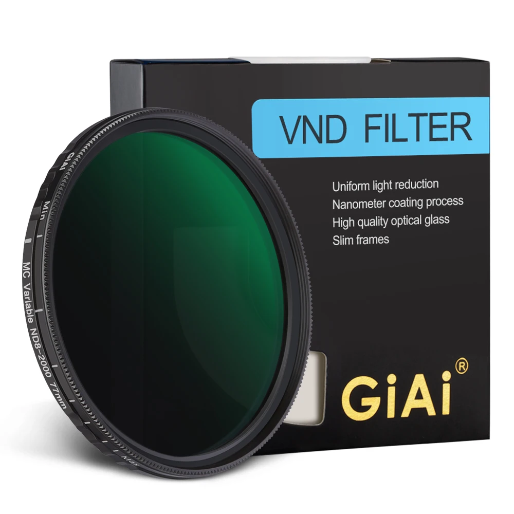 GiAi ND8 para ND2000 Filtro ND variável Nano revestimento Lente de câmera de densidade neutra ajustável 67 72 77 82 86mm