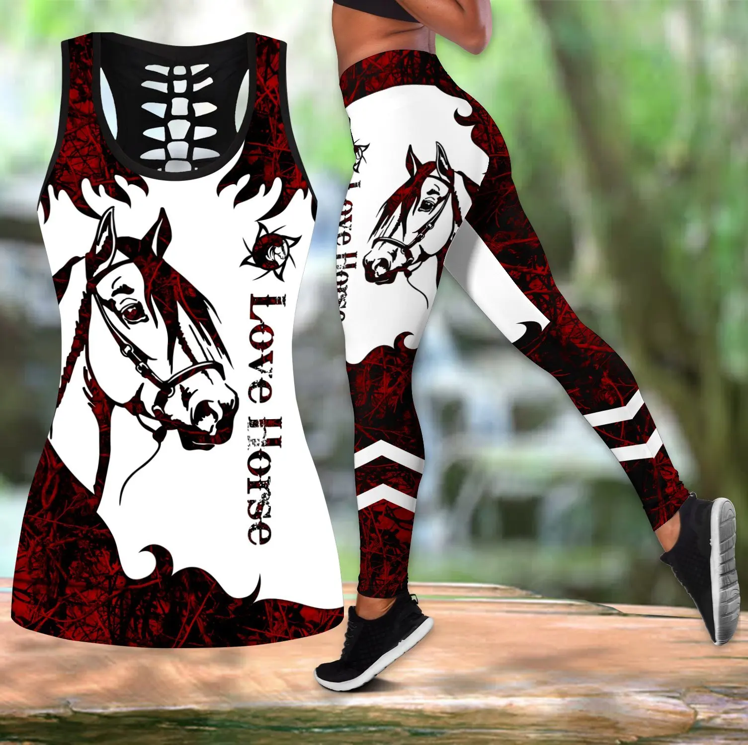 

Love Horse Red Tatoo 3D All Over Printed Hollow Tank Top & Leggings Set Fitness Female Full Length Leggings Running Pants DDK73