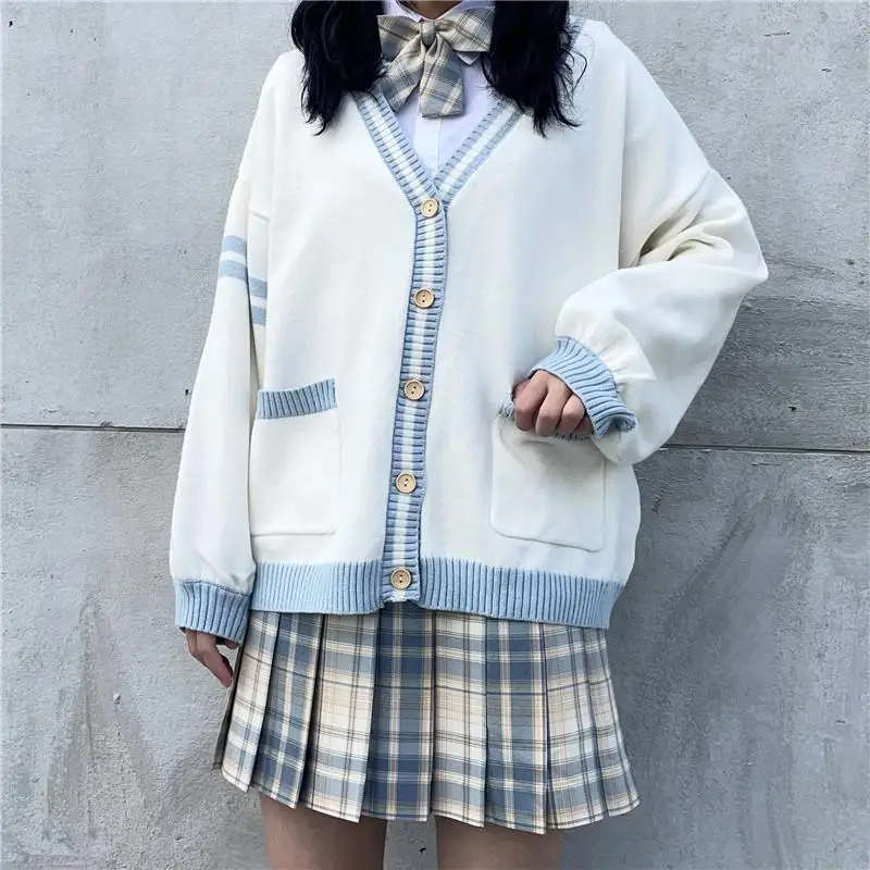 Japanischen Frauen JK Uniformen Strickjacke Schule Mädchen Uniform 2021 Frühling Herbst Langarm V-ausschnitt einreiher Gestrickte Pullover