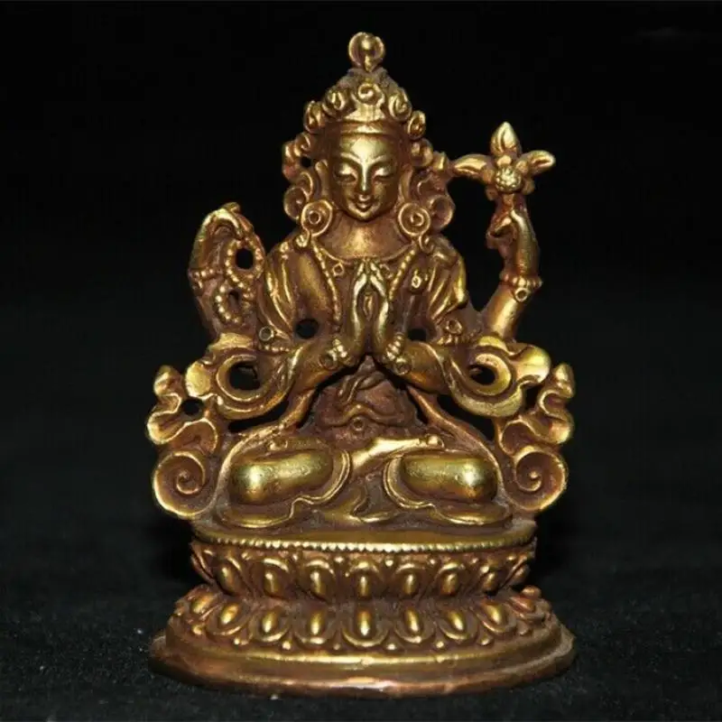 

Old Tibet Bronze 24K Gold Gilt 4 Arm Tara Kwan-Yin Guanyin Goddess Buddha Statue Statues for Decoration Collection Ornaments