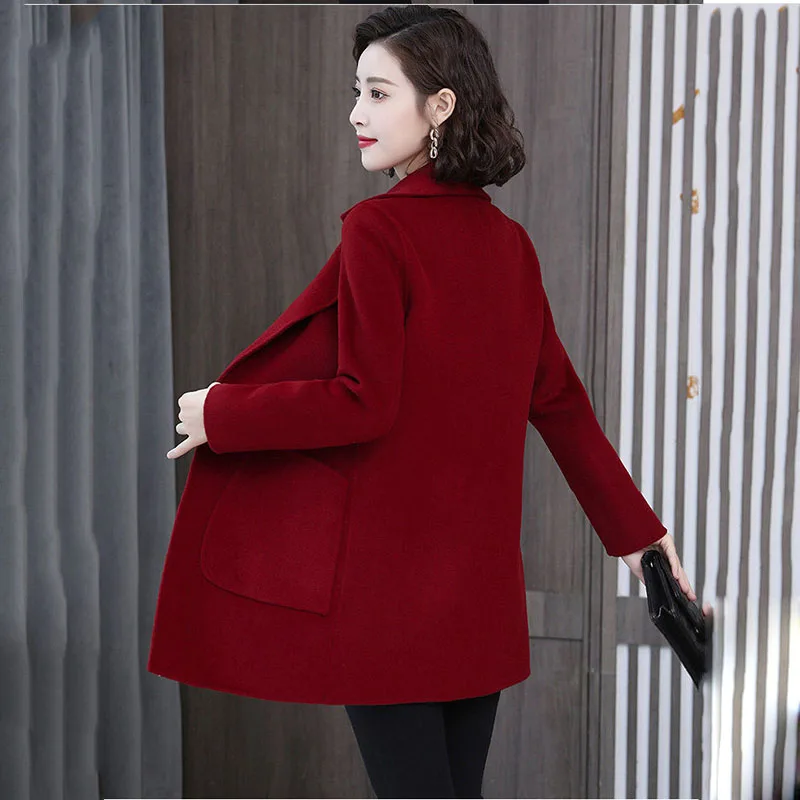 Fashion Women's Woolen Coats Spring Autumn 1 Button Pocket  Wool Suit Jacket Mid-Length Female Coat Outerwear Red Black Wine Red