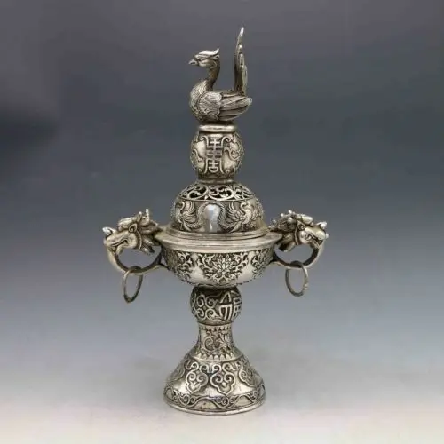 

Tibetan silver Hand-Carved 2 Dragon Incense Burner & Peacock Lid