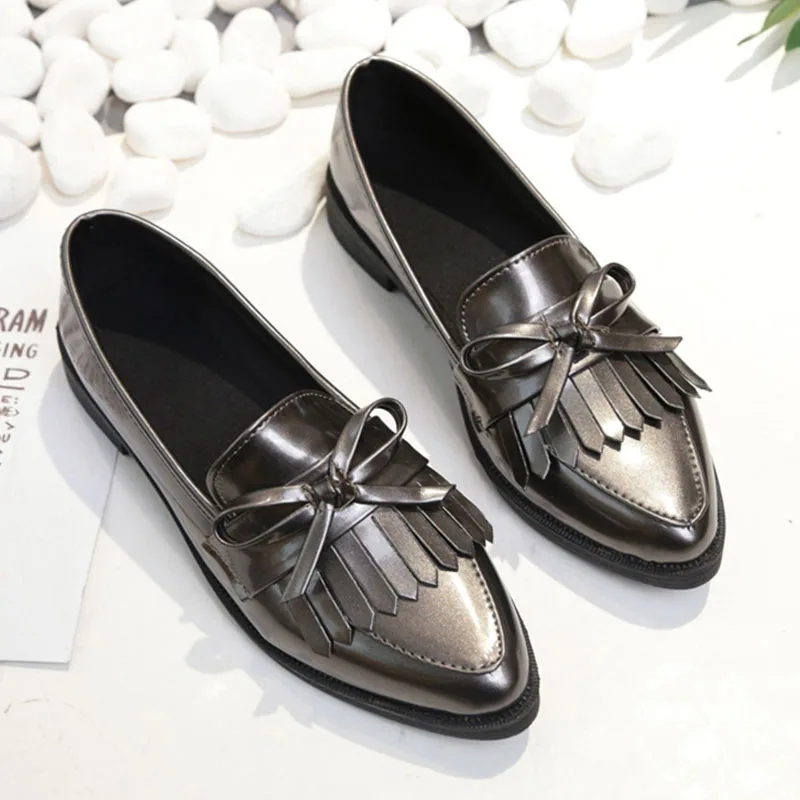 Tassel Bow Knot Women Oxfords Female Derby Leather Brand Casual Pointed Toe Slip On Flats Ladies Comfort Autumn Brogue Shoes