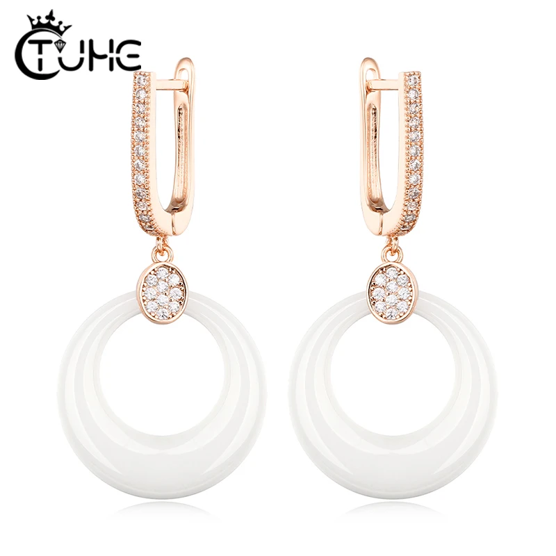 Fashion 585 Rose Gold Ceramic Crystal Wedding Earrings For Women Round Black White Ceramic Rose/White Gold Engagement Earring