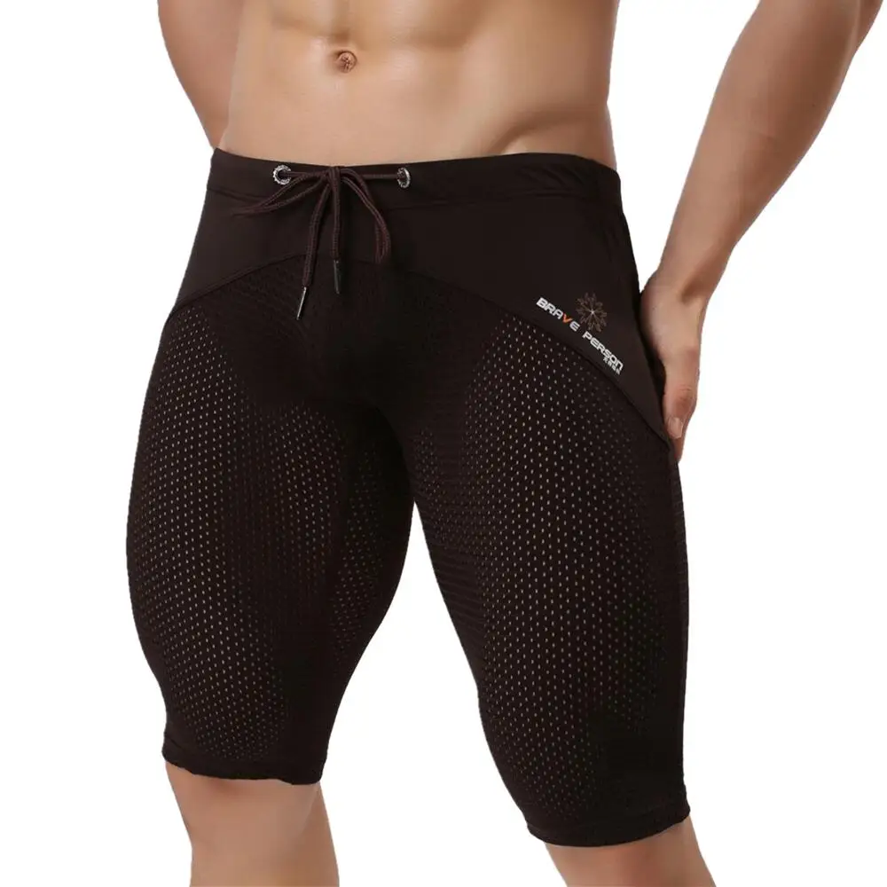 BRAVE PERSON Men Swim Trunks Knee Length Beach Surf Shorts Breathable Mesh Quick Dry Swimming Shorts Tight Elastic Men Swimsuit