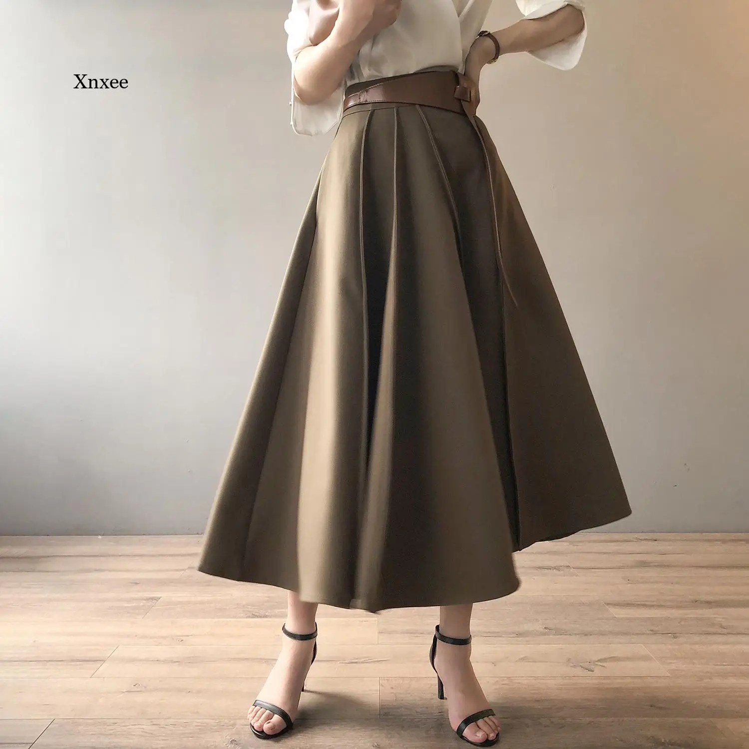 A Line Skirt High Waist Pleated Stitching Female 2021 Early Autumn New French Style Hepburn Large Swing Fashion Umbrella Skirt