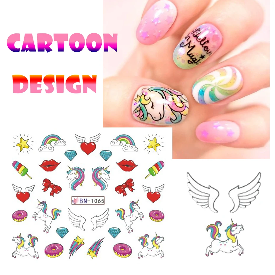 12 Designs Pink Unicorn Water Transfer Slider Rainbow Ice Cream Donut Cartoons Nail Stickers Polishing Nail Decaor NLBN1057-1068