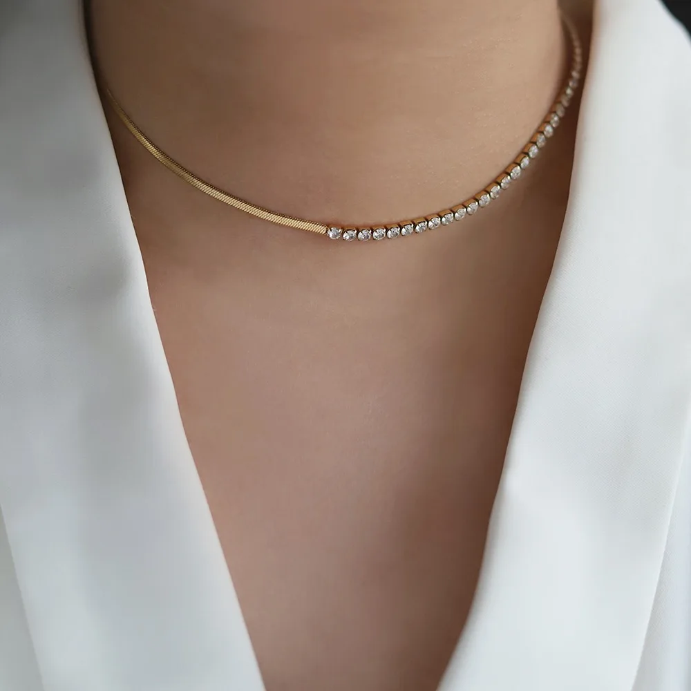 

Dainty Stainless Steel Tennis Chain Combined with Herringbone Snake Chain Necklaces for Women Cubic Zirconia Choker Collars