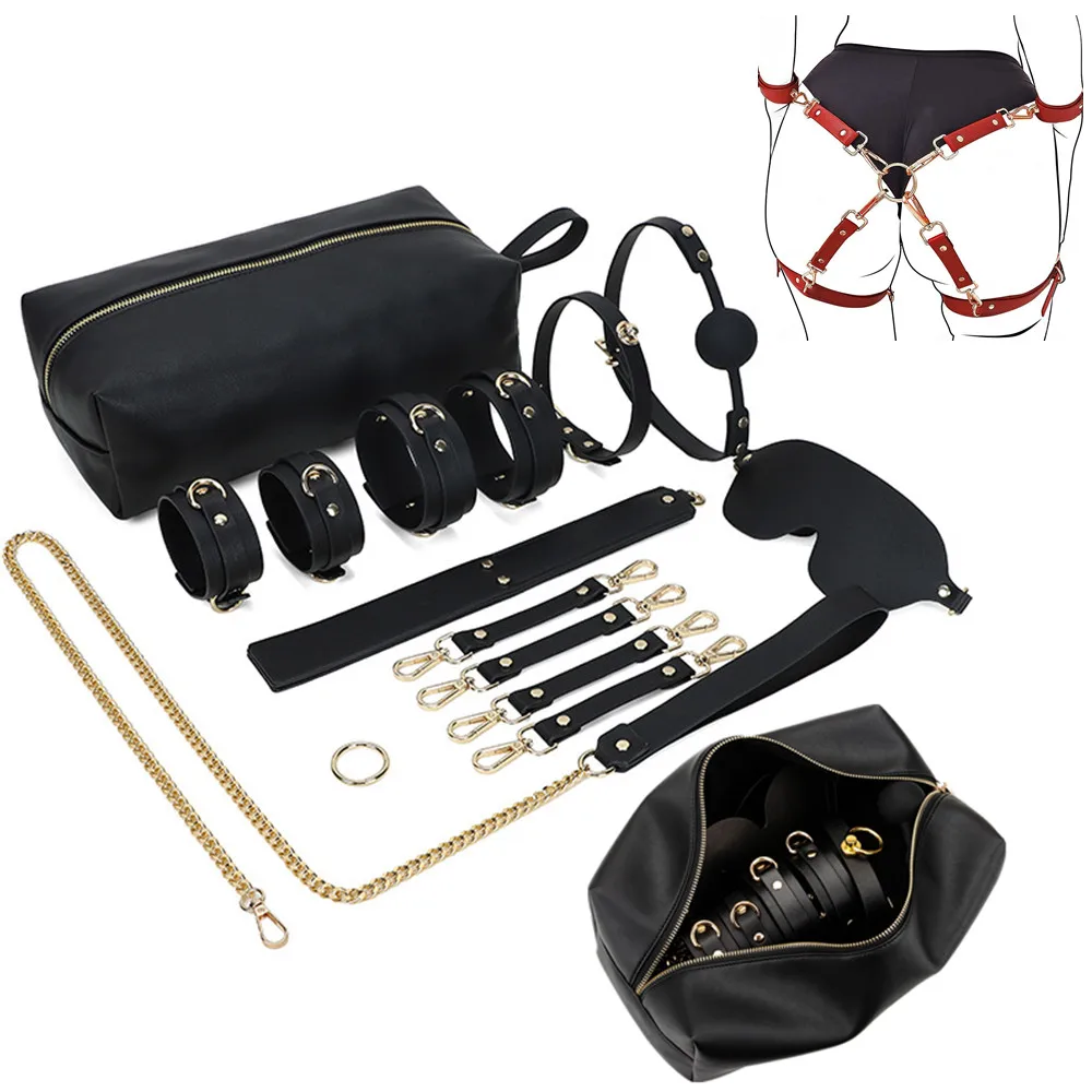 Genuine Leather BDSM Bondage Kits Sex Toys for Couples Handcuff Ankle Cuffs Collar Gag Hogtie Restraints SM Set Adult Love Games