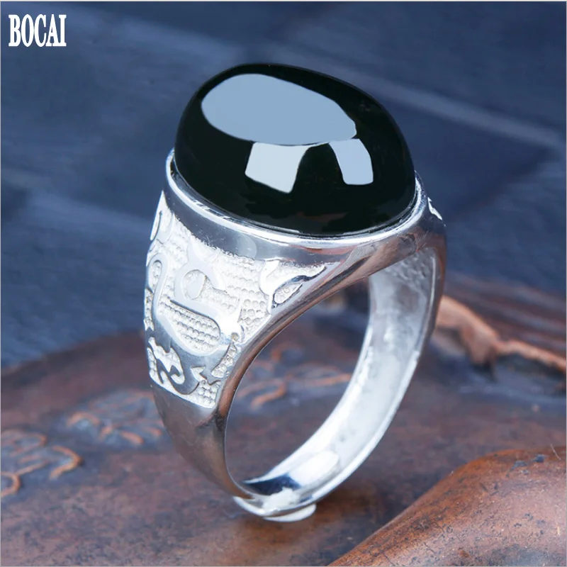 

New Genuine natural ink sapphire ring for man s925 silver inlaid 13 * 18mm black stone dragon men's silver rings