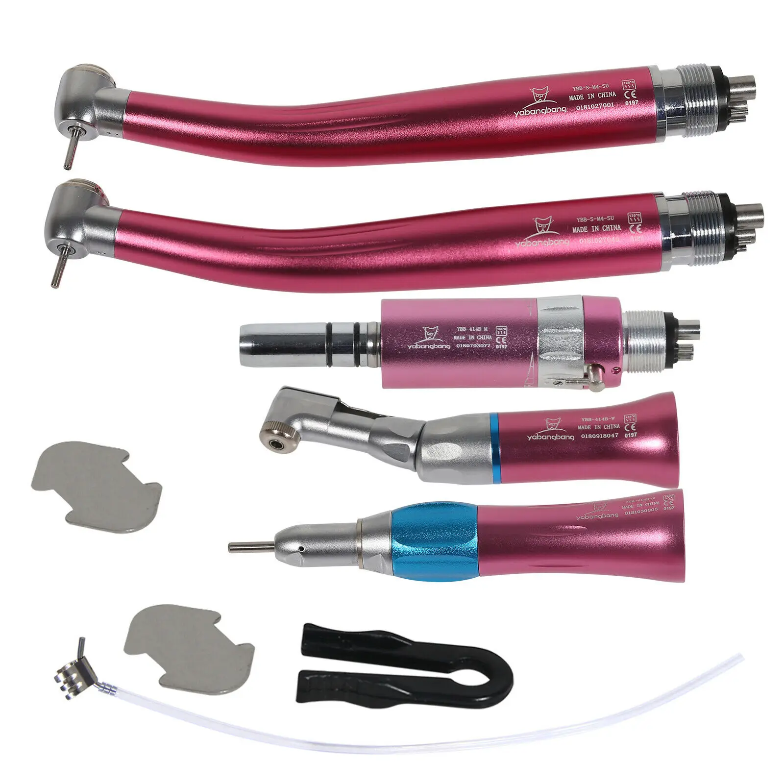 2*NSK Style Dental High Speed Handpiece +1*Low Speed Straight Contra Angle Handpiece Kit E-Type Air Motor 4Holes Pink Color