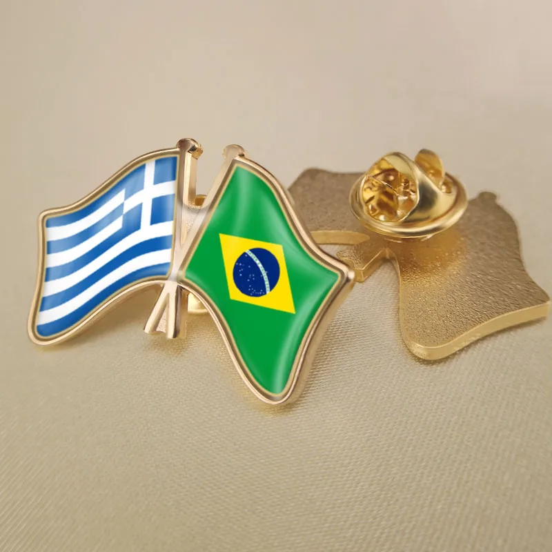 Greece and Brazil Crossed Double Friendship Flags Lapel Pins Brooch Badges