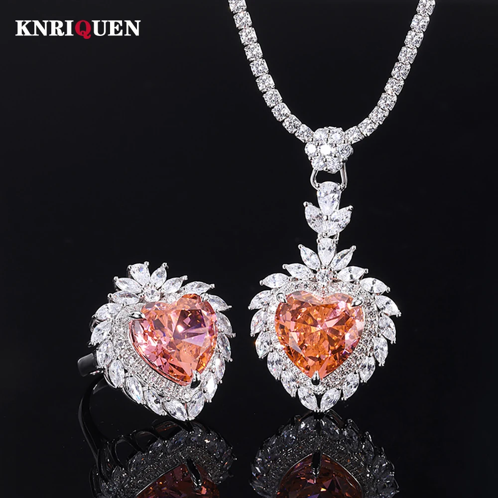 Charms 100% 925 Sterling Silver 15*15mm Heart-Shape Padparadscha High Carbon Diamond Pendant Necklace Ring Jewelry Set for Women