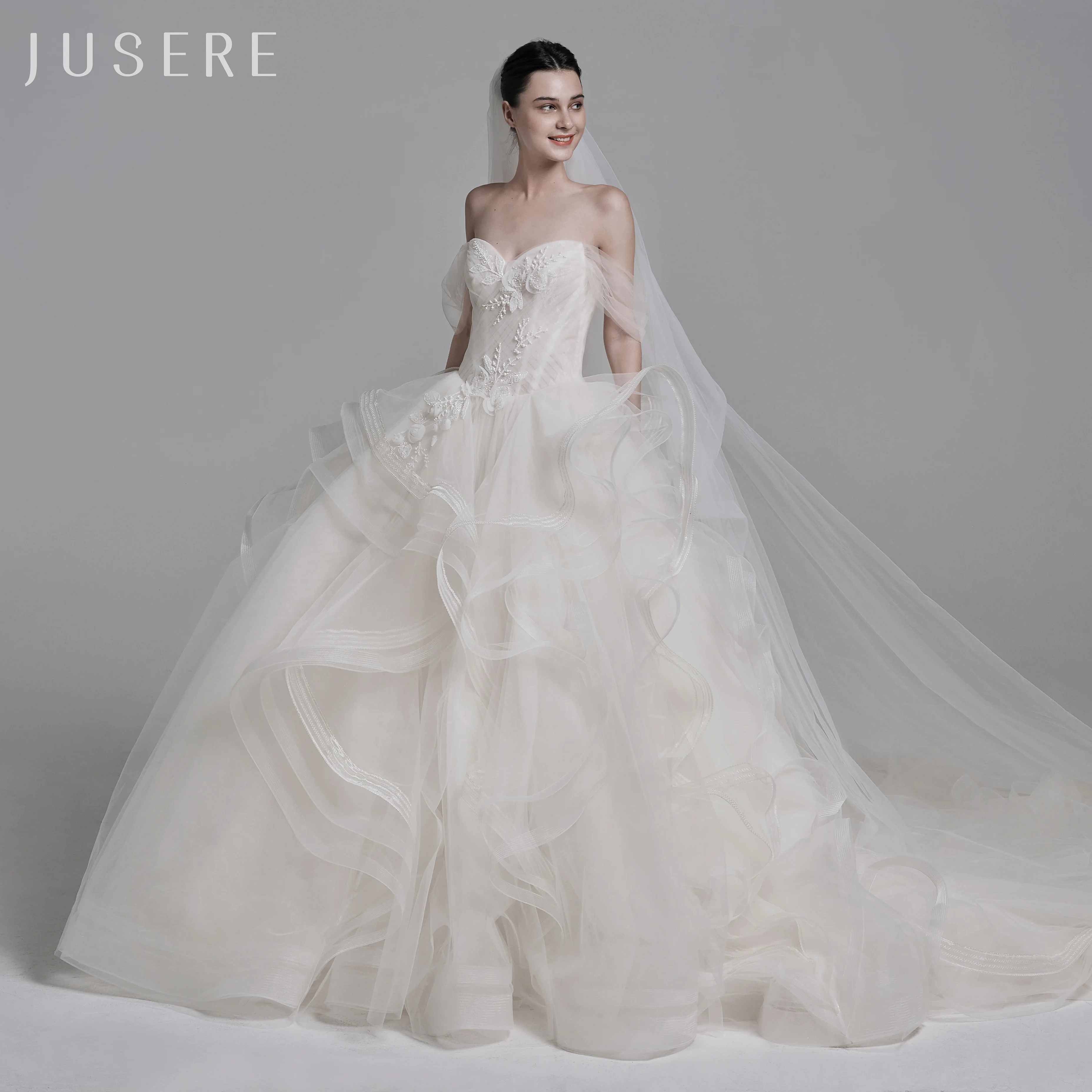 

Jusere sweetheart A-Line bridal dress wedding dress bridal gown off the shoulder beaded horsehair dress