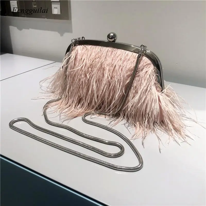 Luxury Ostrich Feather Party Evening Clutch Bag Women Wedding Purses and Handbags Small Shoulder Chain Bag Designer Bag 2021