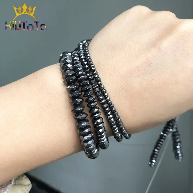 Faceted Black Hematite Stone Beads Natural Round Loose Beads For Jewelry DIY Making Cuboid Bracelet 15\'\' 3*2/4*2/6*3/8*4/10*4mm