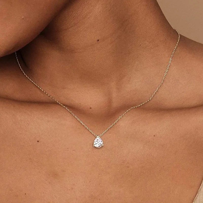 Geometry Crystal Pendant Necklace For Women Round Heart Gold Color Choker Chain Zircon Necklaces Korean Minimalist Jewelry N481