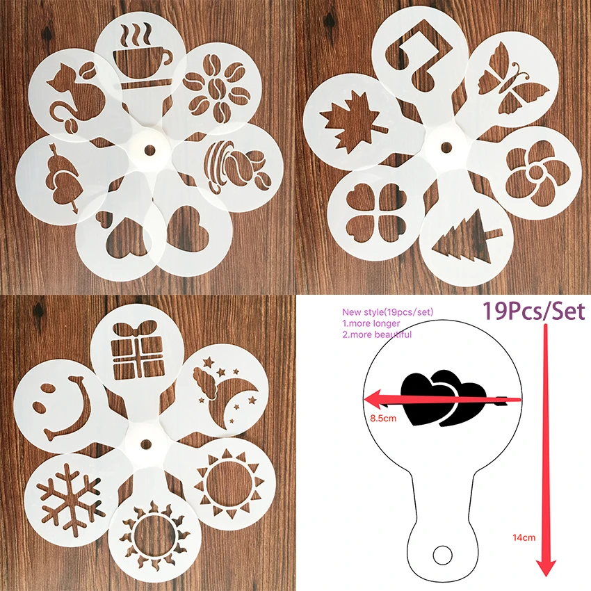 

19Pcs Cappuccino Mold Coffee Milk Cake Cupcake Stencil Template Coffee Barista Cappuccino Strew Pad Duster Spray Tools FQ4132