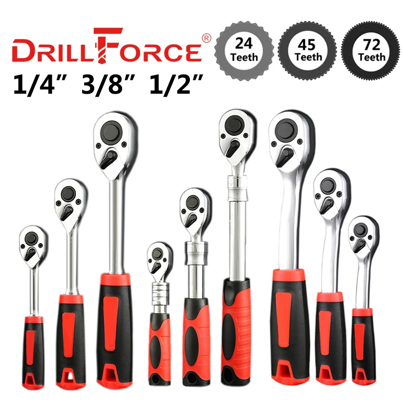 

Drillforce 1/4" 3/8" 1/2" Torque Ratchet Wrench 24/45/72 Teeth CR-V Steel Auto Quick Release Professional Sockets Hand Tools