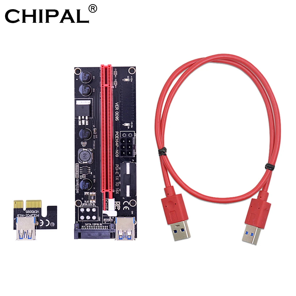 CHIPAL Dual LED VER009S PCI-E Riser Card 009S PCIE 1X to 16X Extender 100CM 60CM 30CM USB 3.0 Cable SATA Power for Graphics Card