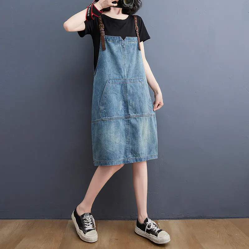 2021 صيف جديد فضفاض كبير الحجم فستان سوسبندر بلا أكمام عادية كل مباراة الدنيم فستان الشمس الإناث الاتجاه خمر zh1476