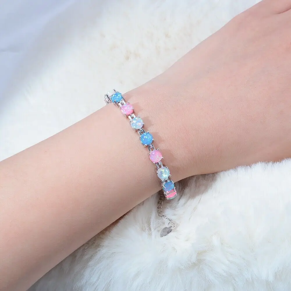 CiNily Rainbow Fire Opal Link Chain Bracelets Silver Plated White Blue Pink Stone Bohemia BOHO Jewelry Best Gift for Girl Women