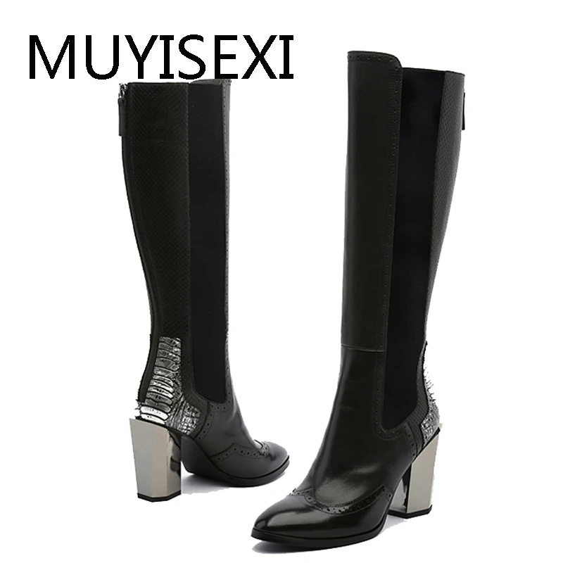 

Black Women Knee High Boots Back Zipper Genuine Leather Riding Boots High Heels Rubber Shoes Woman Botas Mujer HL200 MUYISEXI