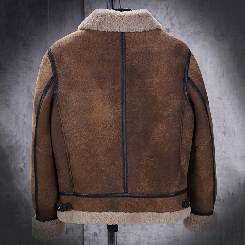 New Mens B3 Sheepskin Shearling Jacket Thicken Fur Coat Brown Leather Jacket Short Motorcycle Jacket