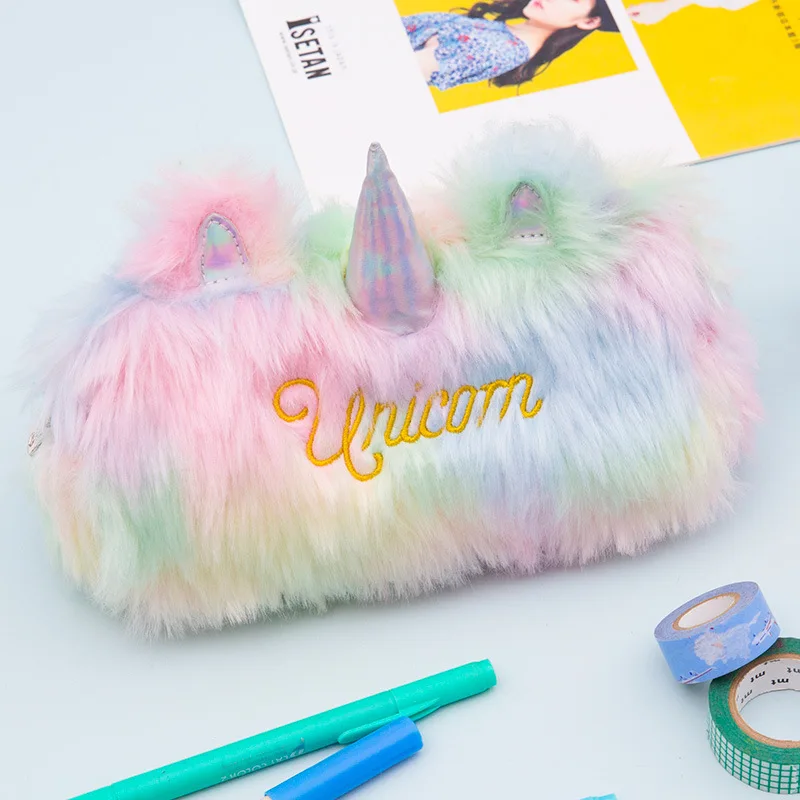 Kolor tęczy Faux Fur Unicorn piórnik portfel pokrowiec piśmiennicze piórnik damska torba kobiety podręczna kosmetyczka torebka