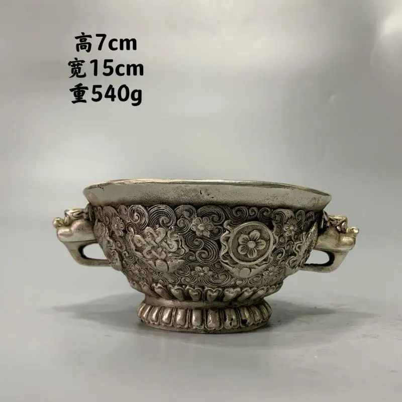 Tibet Buddhism Carving white Copper Spice Stainless Steel Bowl Cupronickel Animal beast head Double Ear Bowl