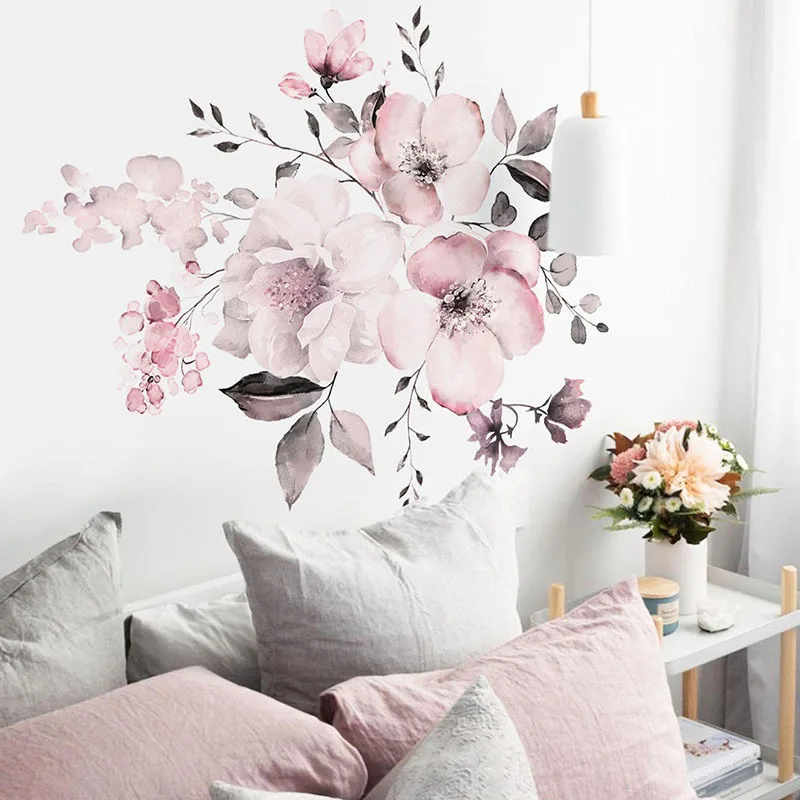 Water Color Pink Flowers Wall Stickers Bedroom Living Room Decoration Mural Home Decor Decals Flower Cluster Stickers Wallpaper