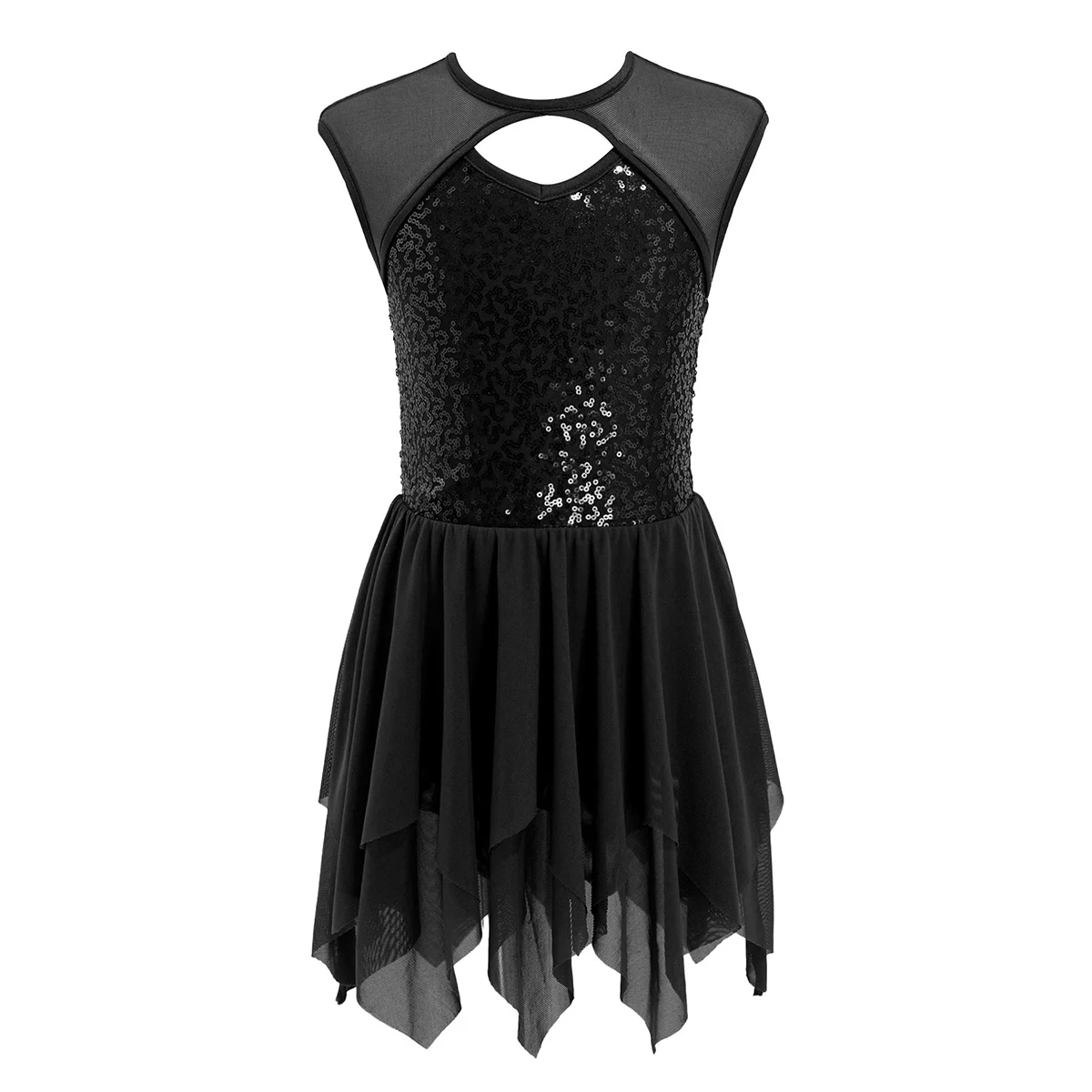 

Kids Girls Sleeveless Sequins Patchwork Irregular Hem Figure Ice Skating Ballet Dance Gymnastics Leotard Dress Performance Dress