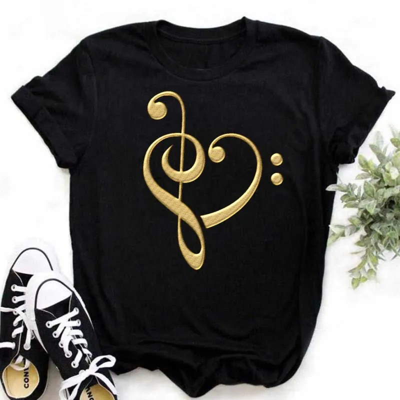 New Harajuku Funny Music Note Art T Shirt Fashion Women T Shirt Music Tops Short Sleeves Black T-shirt Ladies Casual Tees Top