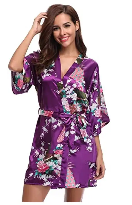 Silk Satin Wedding Bride Bridesmaid Robe Floral Bathrobe Short Kimono Robe Night Robe Bath Robe Fashion Dressing Gown For Women