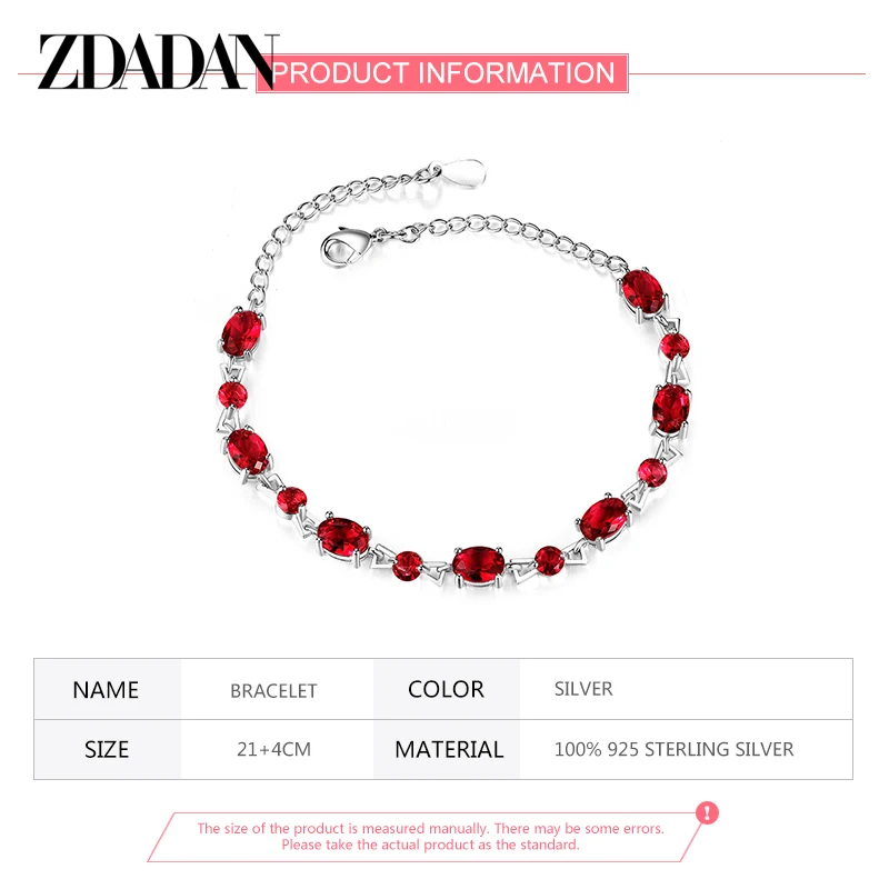 ZDADAN 925 Sterling Silver Fashion Oval Ruby Bracelet Chain For Women Wedding Jewelry Party Gift