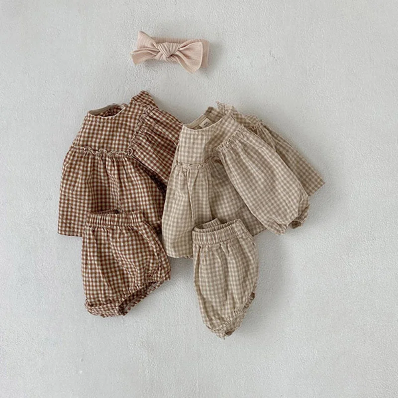 Baby Girls Suit 2022 Baby Girls Clothes Little Plaid Infant Girls Clothes Set Puff Sleeve Blouse + Bloomer 2pcs Toddler Clothes