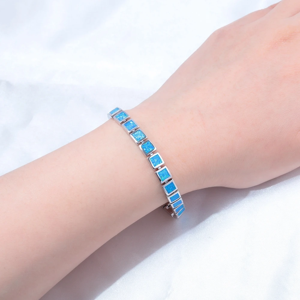 CiNily Blue & White Fire Opal Stone Wide Chain Link Bracelets & Bangles Silver Plated Metal Square Luxury Jewelry Woman Girl