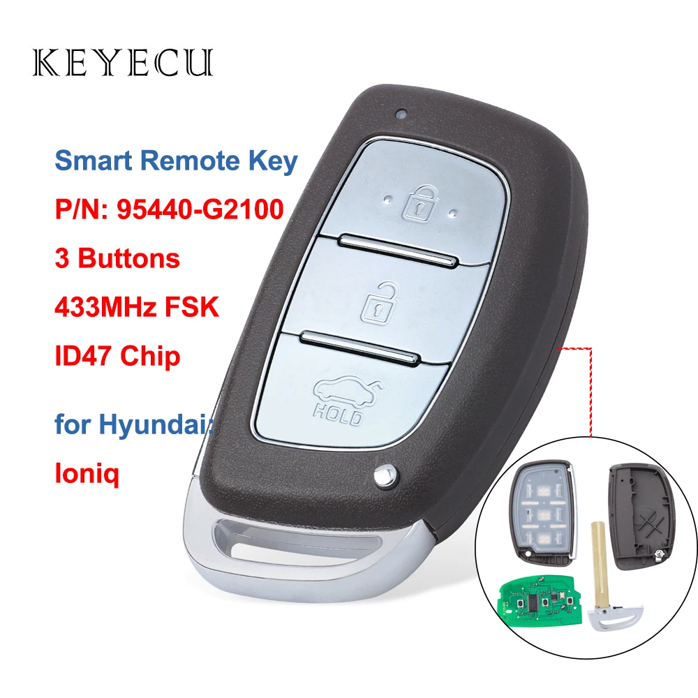 Keyecu Smart Remote Car Key Fob 3 Buttons 433MHz FSK ID47 Chip for Hyundai Ioniq 2016 2017 2018 P/N: 95440-G2100, 95440G2100