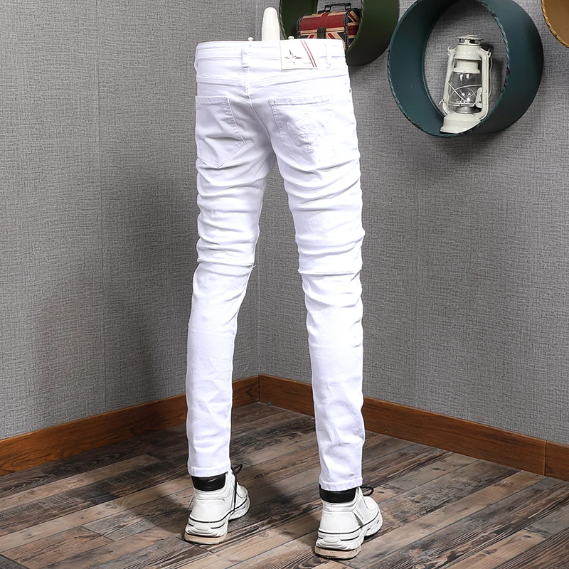 Jeans d'été décontractés en coton pour hommes, pantalons droits coupe couvertes, patchs déchirés en denim, streetwear blanc, mode masculine, fjwear