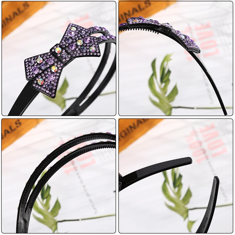 AWAYTR Double Row Bow Rhinestone Hairbands Non-slip Bezel Hair Hoop Crystal Headband for Women Hair Bands Ties Hair Accessories