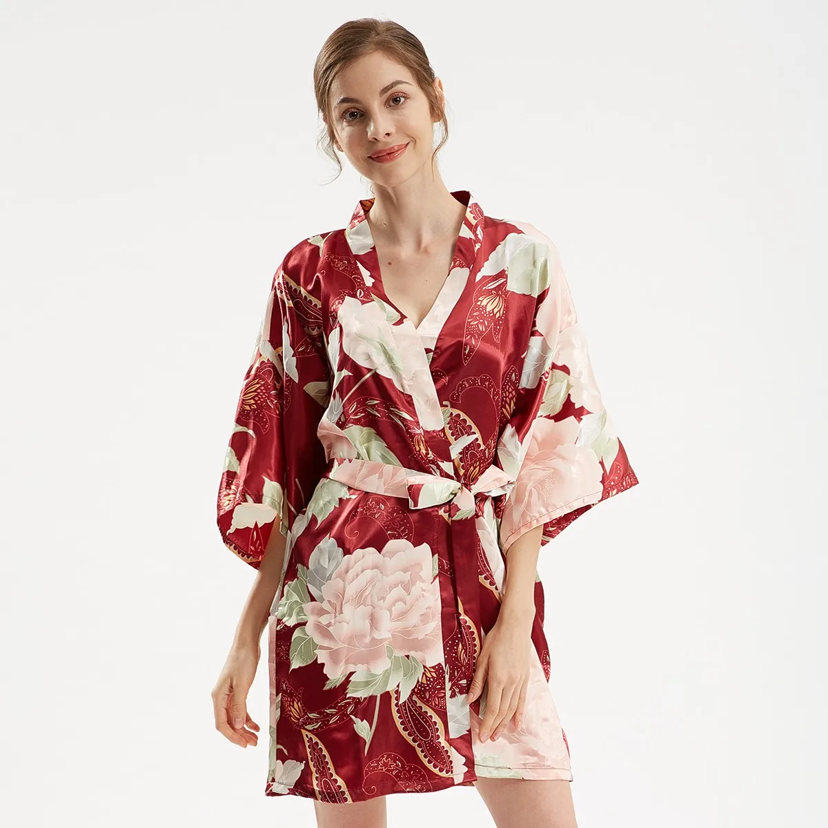 Kimono de satén para mujer, bata de baño Sexy con estampado de flores, camisón sedoso para novia, dama de honor, bata de boda, ropa de dormir suave para el hogar