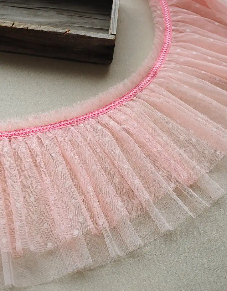 

5 yards 25cm Peach Pink Tulle Ruffles With Polka Dots